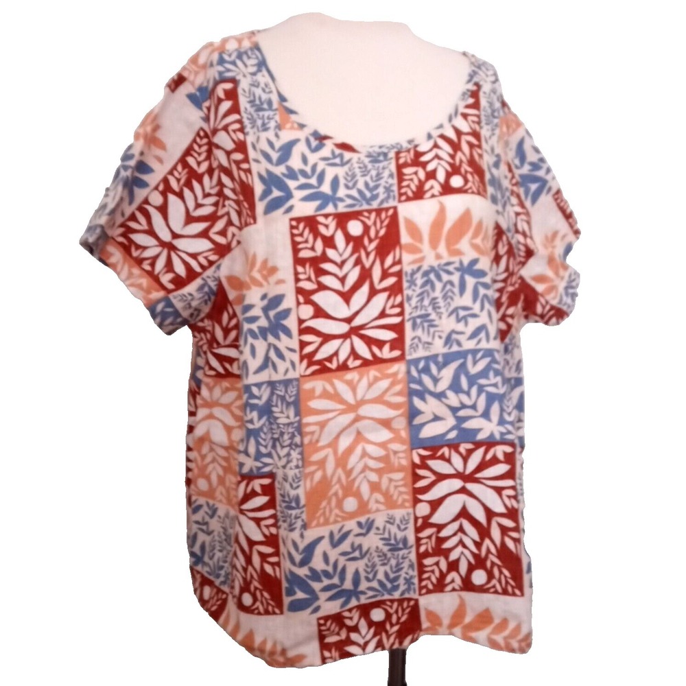 Sigrid Olsen 3X Roomy 100% Linen Tunic Popover Short Sleeve Top Blouse Floral